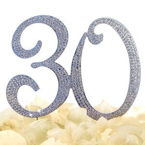 Rhinestone Cake Topper - Number 30 - Silver Metal with Czech Rhinestones